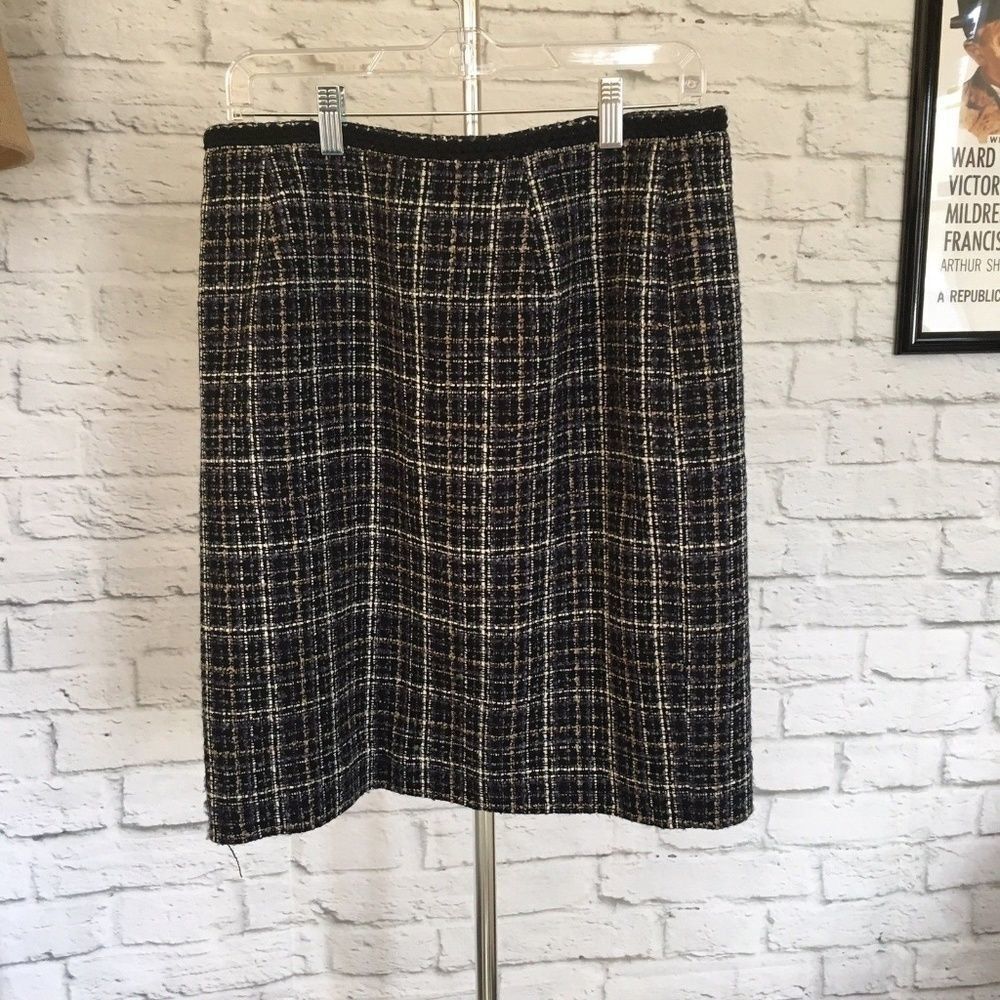 Laura Scott Academia 14P Tweed Plaid Back Vent Black Tan A-line Skirt